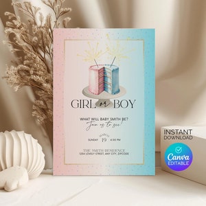 Faire-part de fête avec un gâteau, garçon ou fille, il ou elle, invitation rose ou bleu, modèle de toile imprimable sexe