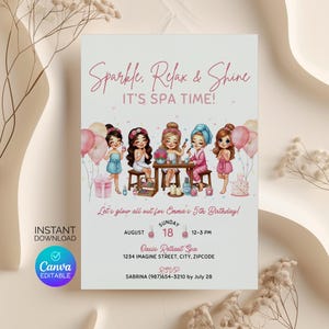 Spa Girls Birthday Party invitation, Pamper Party Birthday Invite, Cute Spa Party Invite Design for Kids Editable Canva Template, manicure