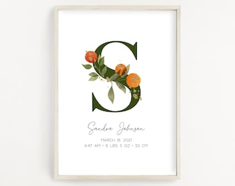 Kwekerij geboorte print met clementines, oranje kwekerij, kwekerij poster geboortestatistieken, gepersonaliseerde naam print, kinderkamer kunst aan de muur, klein schatje