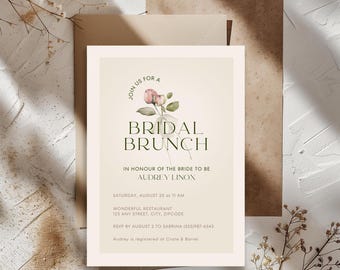 Modèle d'invitation de douche brunch nuptiale beige minimaliste avec des fleurs, invitation imprimable de douche nuptiale, modèle de toile de douche nuptiale minimaliste