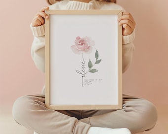 Kwiatowy nadruk z imieniem do pokoju dziecięcego, wydruk z datą narodzin, plakat do pokoju dziecięcego ze statystykami narodzin, spersonalizowane statystyki narodzin do pobrania w wersji cyfrowej