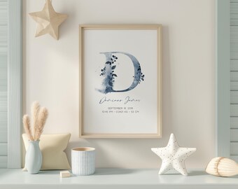 Modern Indigo Blue Nursery Birth Print with birth stats, Personalized Baby Boy Wall Art with Name & Birth Stats, Birth Announcement Decor