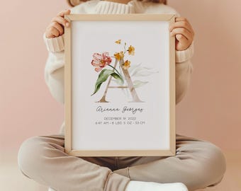 Vibrant Spring Flower Nursery Birth Print Poster with birth stats, Personalized Wall Art with name & birth stats for Nursery Room Decor