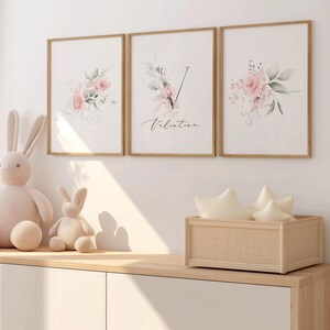 Eucalyptus Rose Wall Art Decor, 3-piece floral Nursery Poster, Personalized Name Print & Birth Print for baby room decoration, gift for baby