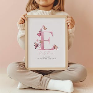 Impresión de nacimiento de guardería de mariposas personalizada con estadísticas de nacimiento, arte de pared personalizado con nombre y estadísticas de nacimiento, decoración de guardería de mariposas personalizada