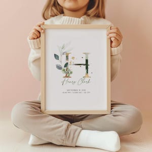 Eucalyptus Monogram Nursery Birth Print, Personalized Wall Art with Name & Birth Stats | Unisex Nursery Decor, Unique gift for newborn