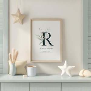 Eucalyptus Monogram Nursery Birth Print with birth stats, Personalized Nursery Wall Art with name and birth stats, Unisex nursery decor