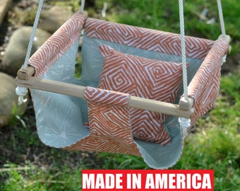 MADE IN USA Indoor/Outdoor Children's Hammock Swing & Pillow- Orange Geo/ Light Blue Dandelion Liner