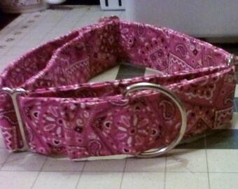 May include: Pink and white patterned dog collar with a silver metal buckle.