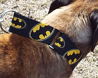 May include: A brown dog wearing a black and yellow dog collar with a repeated Batman logo pattern.