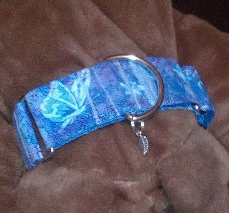 K&ouml;nnte beinhalten: Ein blaues und wei&szlig;es Hundehalsband mit einem silbernen Ring und einem silbernen Blattanh&auml;nger.