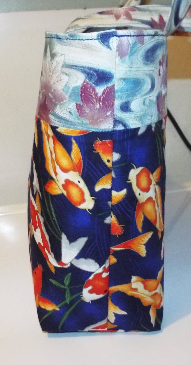 25/% OFF Ready to Ship~ToteHand Bag~Medium Size~Koi Swimming wsmall plant life~Top of Moving Water with Leaves~Light Blue Satin Lining~