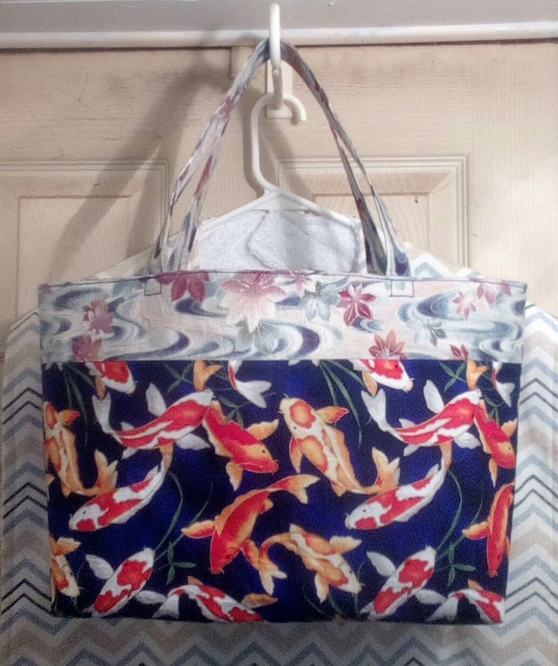 25/% OFF Ready to Ship~ToteHand Bag~Medium Size~Koi Swimming wsmall plant life~Top of Moving Water with Leaves~Light Blue Satin Lining~