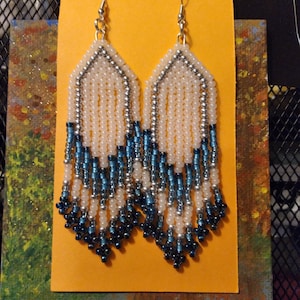 Hand Beaded Long Fringed Dangle Earrings, Pearl White Silver Aquamarine Dark Aqua & Teal Chevrons, 8-0 Seed Beads, Sterling Silver Ear Wires