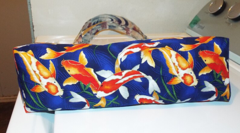 25/% OFF Ready to Ship~ToteHand Bag~Medium Size~Koi Swimming wsmall plant life~Top of Moving Water with Leaves~Light Blue Satin Lining~