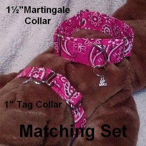 May include: A matching set of pink dog collars with a paisley pattern. The larger collar is a 1 1/2 inch martingale collar and the smaller collar is a 1 inch tag collar. Both collars have silver hardware and a silver charm that says "I Love Dogs".