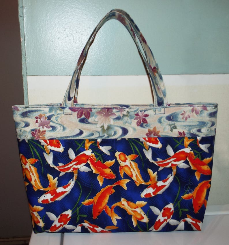 25/% OFF Ready to Ship~ToteHand Bag~Medium Size~Koi Swimming wsmall plant life~Top of Moving Water with Leaves~Light Blue Satin Lining~