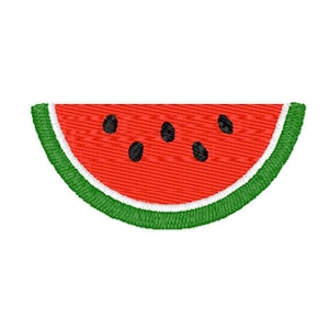 May include: A red watermelon slice with black seeds and a green rind. The watermelon is embroidered with a white line around the edge.