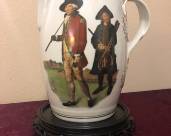 Rare vintage Mottahedeh porcelain jug, Blackheath Goffers (Golfers) cider pitcher With gold trim & highlights. Pristine condition.
