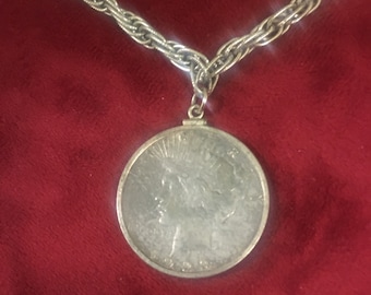 1923  Silver Peace Dollar necklace, Whiting Davis Necklace chain 26”. This chain is not  pure silver.