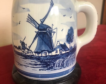 Blue delft hand painted  stein, with windmill and flowers, 5” tall