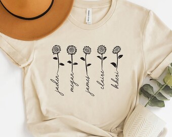 Custom Mom Shirt With Kids Name, Sunflower Name Shirt, Mothers Day Gift, Plant Mom Gift, Custom Grandmother gift, Personalized Grandma shirt