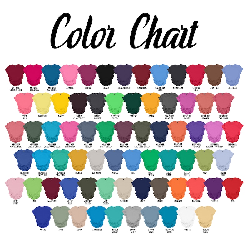 May include: Color chart showing 64 different colors of t-shirts. The colors are arranged in rows and columns, with each color having a name label below it.