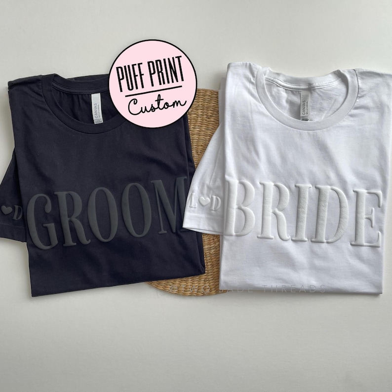 Bride and Groom Puff Shirts, Personalized Gift For Bride and Groom, Custom Embossed Bride and Groom Shirts with Initials, Bridal Shower Gift