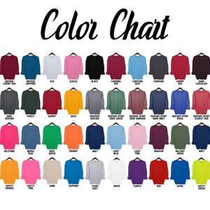 May include: Color chart showing 36 different sweater colors. The colors are arranged in rows and columns, with each color represented by a small image of a sweater.