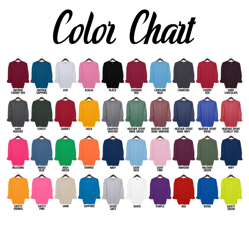 May include: Color chart showing 36 different sweater colors. The colors are arranged in rows and columns, with each color represented by a small image of a sweater.