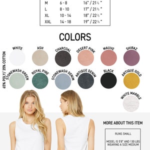 Puede incluir: Camiseta de tirantes blanca de m&uacute;sculo con una tabla de tallas y opciones de color. La tabla muestra las tallas S-XXL con las medidas correspondientes en pulgadas. Las opciones de color incluyen blanco, ceniza, carb&oacute;n, rosa desierto, malva, shiraz, verde lavado a la piedra, pino real, denim lavado a la piedra, denim antiguo, negro, oro antiguo y m&aacute;rmol blanco.