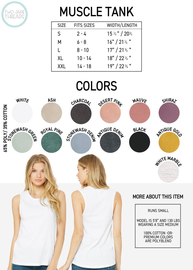 Puede incluir: Camiseta de tirantes blanca de m&uacute;sculo con una tabla de tallas y opciones de color. La tabla muestra las tallas S-XXL con las medidas correspondientes en pulgadas. Las opciones de color incluyen blanco, ceniza, carb&oacute;n, rosa desierto, malva, shiraz, verde lavado a la piedra, pino real, denim lavado a la piedra, denim antiguo, negro, oro antiguo y m&aacute;rmol blanco.