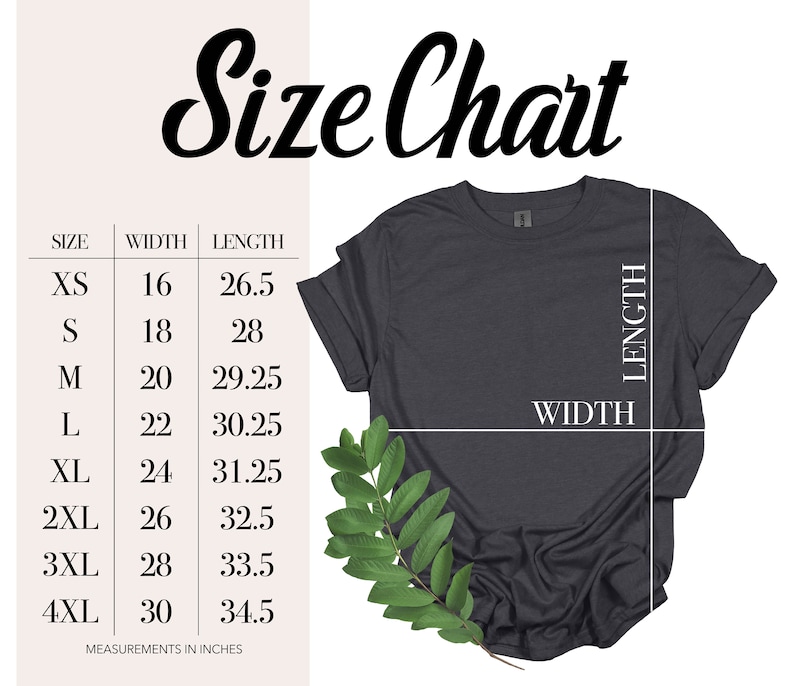 May include: Size chart for a t-shirt with measurements in inches for width and length. Sizes include XS, S, M, L, XL, 2XL, 3XL, and 4XL.