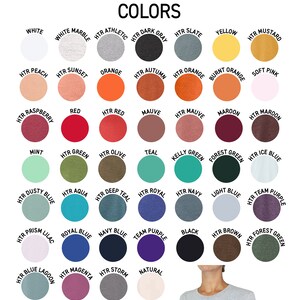 May include: A product image showcasing a unisex tee shirt with a size chart and a color palette. The chart lists chest and width measurements in inches. The color options include white, red, and various heather shades.