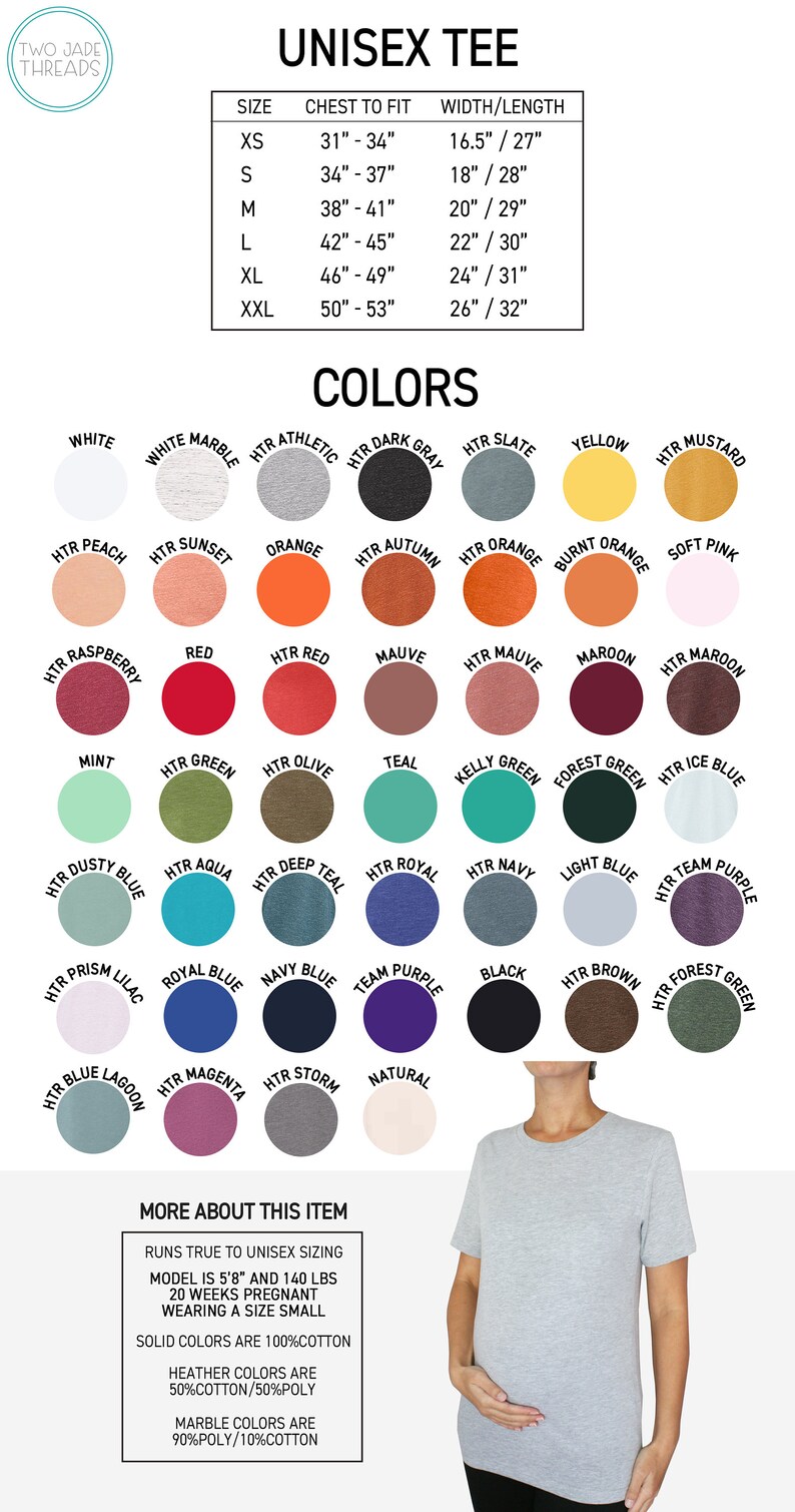 May include: A product image showcasing a unisex tee shirt with a size chart and a color palette. The chart lists chest and width measurements in inches. The color options include white, red, and various heather shades.