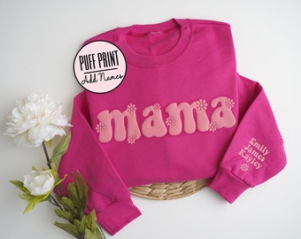 Personalized Gift For Mom, Embossed Mom Shirt, Mother's Day Gift, Mama Flower Sweatshirt, Custom Mom T-Shirt with Initial Sleeve, Puff Print