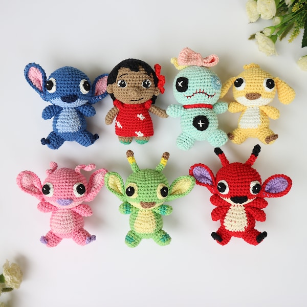 Point au crochet, Amirugumi Scrump, Leroy, poupée Reuben, amigurumi en peluche au crochet créature bleue et rose inspiré par Lilo et Stitch and Angel