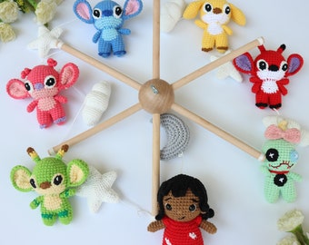 Lilo & Stitch mobile, Scrump Amirugumi ,Angel crochet doll,Leroy or Reuben doll, amigurumi disney from Lilo and Stitch,baby shower decor