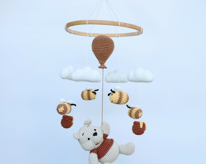 Crochet Winnie the Pooh Mobile: Bees & Honey Nursery Decor. baby shower decor,personalized gift