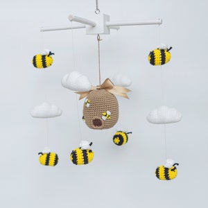 Beehive with Bees Crochet, Mini Bee mobile ,Bees baby mobile, Bumble bee and clouds mobile Crochet nursery mobile Honey bee Flying mobile.