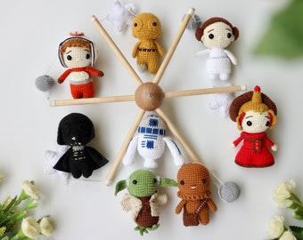 Crochet Mini Star wars Baby Mobile , Outer space baby mobile,Yoda,Robot, Darth Vador crochet mobile, Baby Crib Mobile, Nursery mobile