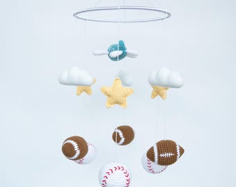 Crochet Sports Crib Mobile: Baseball, Rugby & Airplane Nursery Decor,baby mobile nursery,personalized gift