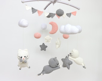 Mobile pour bébé chat au crochet, chambre de bébé mobile chaton, mobile pour bébé miaou miaou, chat au crochet, mobile pour lit de bébé, mobile pour lit de bébé, décoration de baby shower