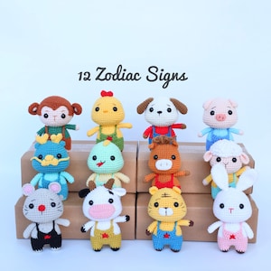 Amigurumi zodiakalne, chińskie znaki zodiaku, chińskie noworoczne zwierzęce Amigurumi, szydełkowe słodkie prezenty świąteczne, prezenty dla dzieci