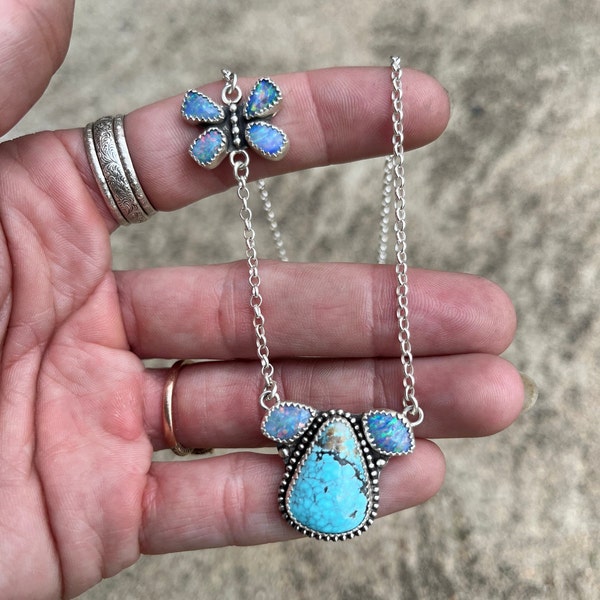 Blue moon turquoise and coober Pedy Opal butterfly necklace