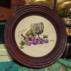 Vintage Star of David Kiddush Cup and Grapes Framed Cross Stitch