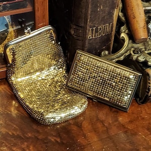 1970s Gold Mesh Purse/Glasses/Cigarette/Coin Pouch and Matching Compact Case Set