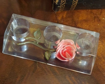 Vintage Lucite MCM Rose Reverse Carved Lipstick Holder