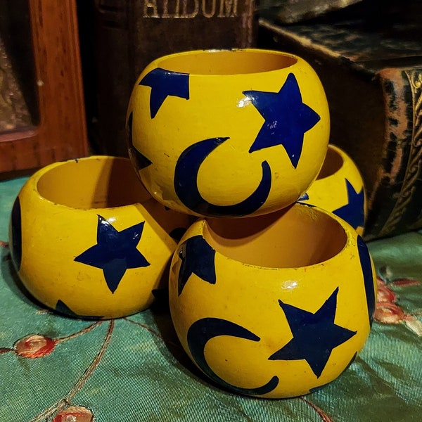 Vintage Wooden Whimsigoth Painted Yellow and Blue Stars and Moons Napkin Rings
