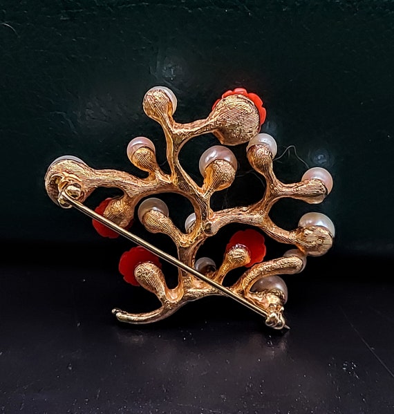 Vintage Coral and Costume Pearl Brooch - image 2